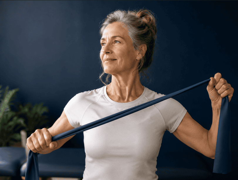 Active woman in her 60s using a resistance band in a rehabilitation setting, representing functional recovery and skeletal muscle health