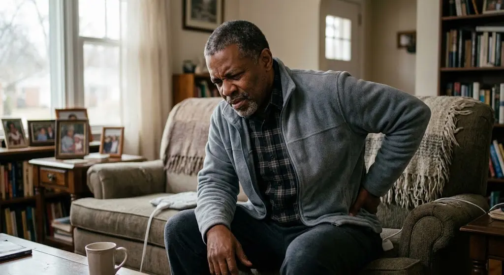 Older man sitting on a sofa at home, grimacing in pain while holding his lower back.