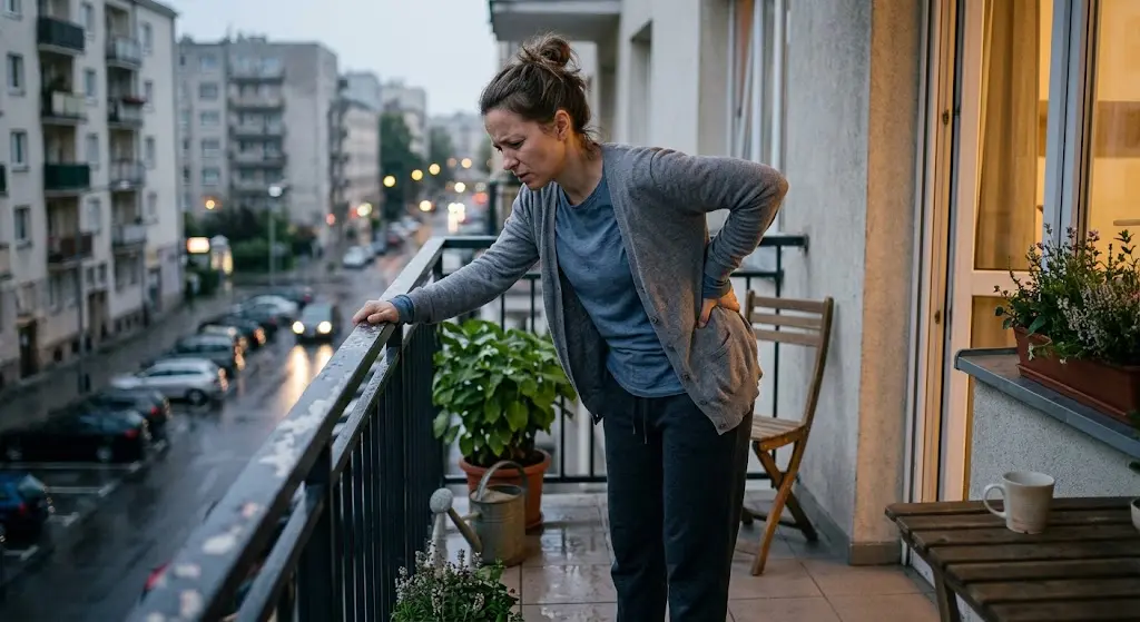 Woman experiencing lower back pain while leaning on an apartment balcony railing overlooking a rainy city street.