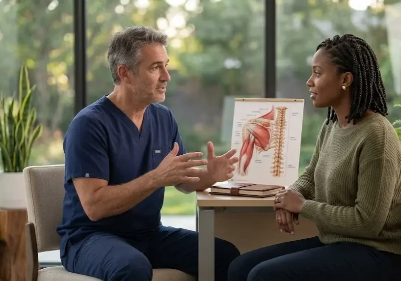 Healthcare professional in navy scrubs discussing pain treatment options with a female patient, with a spinal anatomy chart in the background.