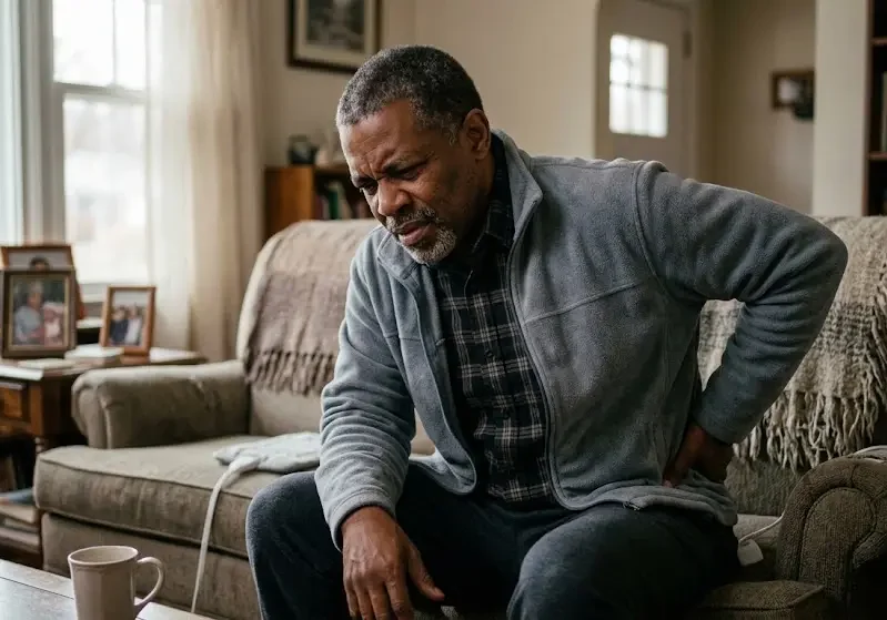 Older man sitting on a sofa at home, grimacing in pain while holding his lower back.