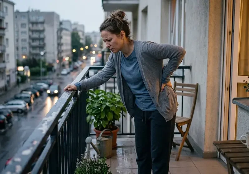 Woman experiencing lower back pain while leaning on an apartment balcony railing overlooking a rainy city street.