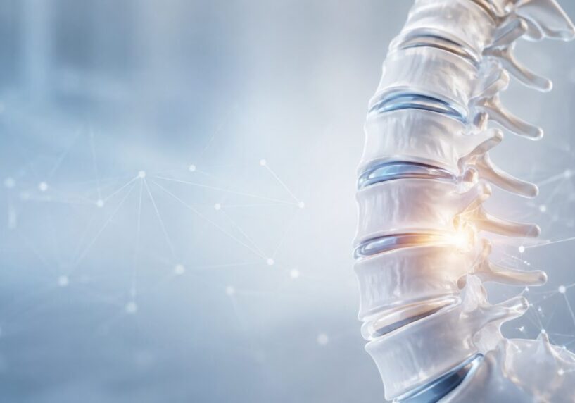 3D rendering of human spinal vertebrae with glowing light highlighting a herniated disc