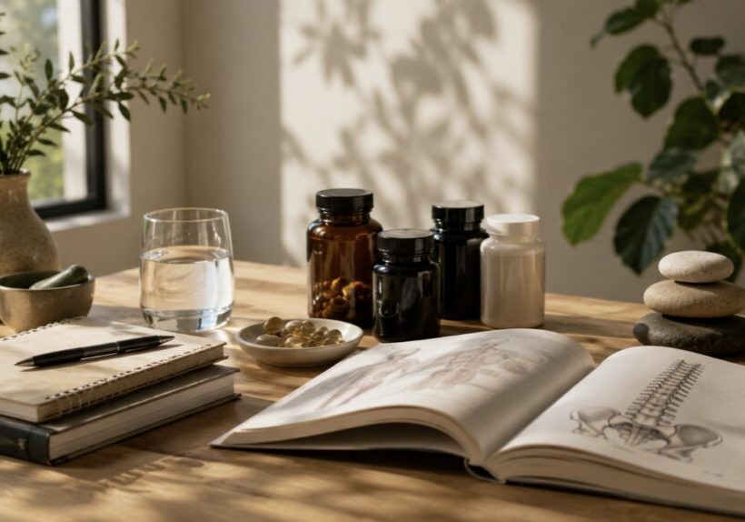 Regenerative medicine supplements and anatomy book on wooden desk with glass of water and plants